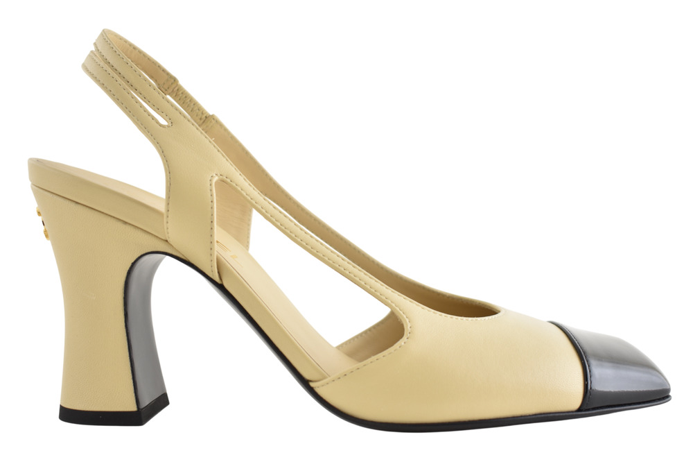 Chanel 26K Blazy Beige Leather Black Square Toe CC Slingback Block Heel Pump 41